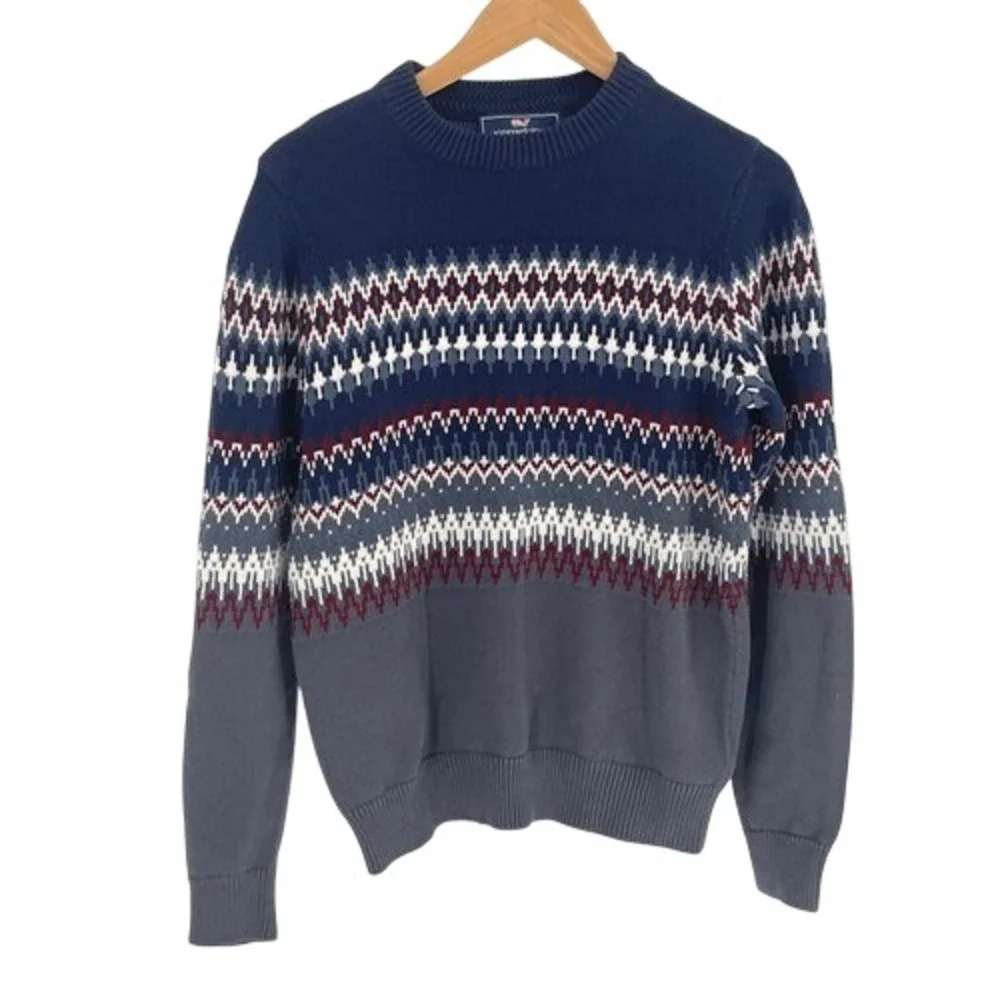 Vineyard Vines Sweater Grandpa Men XS Fair Isle Crewneck Long Sleeve Navy‎ Blue